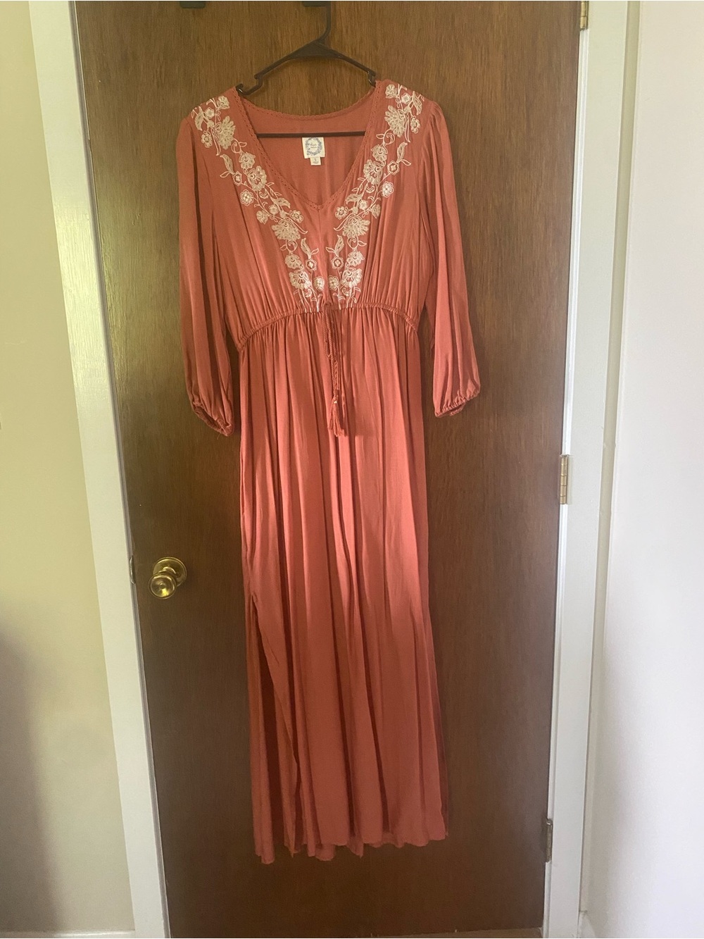 Blue Rain Rust Maxi Robe with White Floral Embroidery